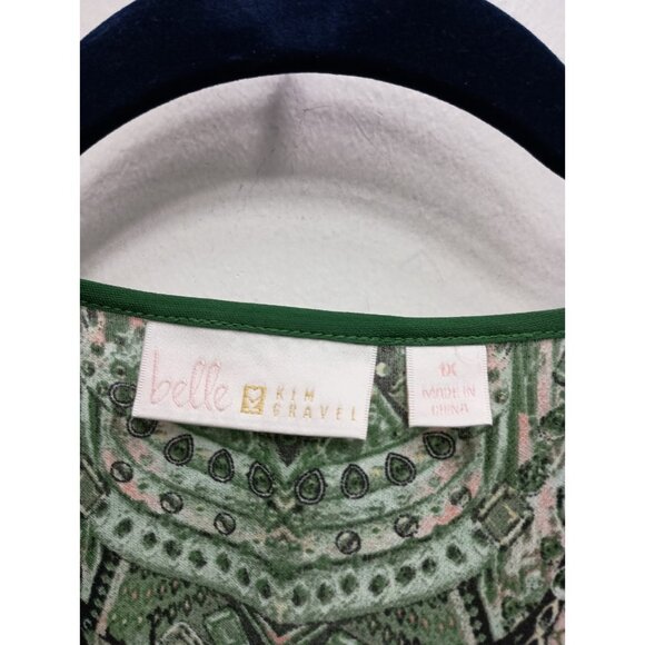 Belle By Kim Gravel Top Womens Size 1X Green BOHO Artsy Embellished Flare Sleeve - Picture 5 of 8